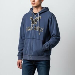 American‎ Eagle Men’s Vintage Blue Full-Zip Hoodie Sz M Spell Out Y2K Cozycore